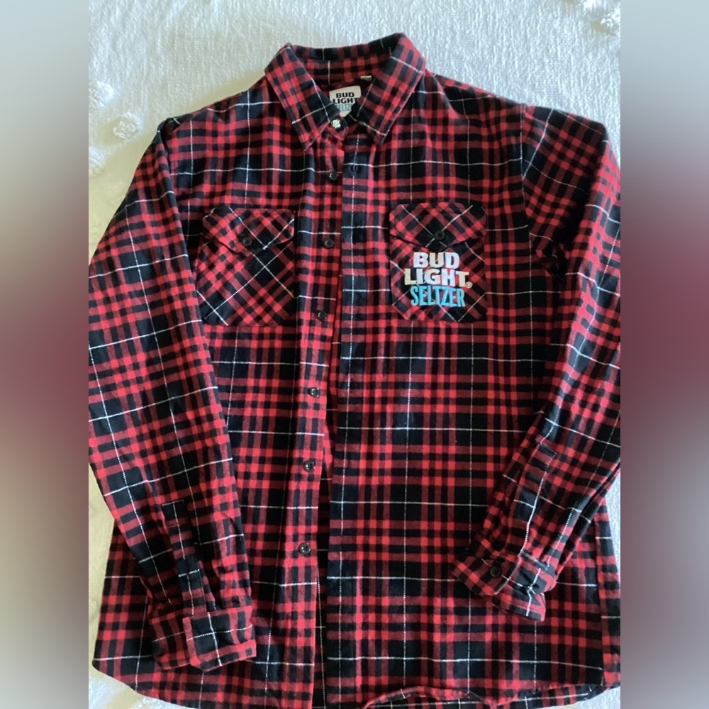 Bud Light Seltzer Mens Flannel Shirt Size XL Red Black Plaid Long Sleeve